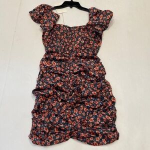 Fanco Ruched Floral Mini Black Dress Size Medium